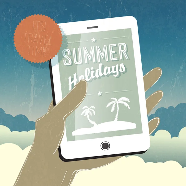 Summer holidays conceptual illustration. Smart phone in hand. Ve — Stock Vector