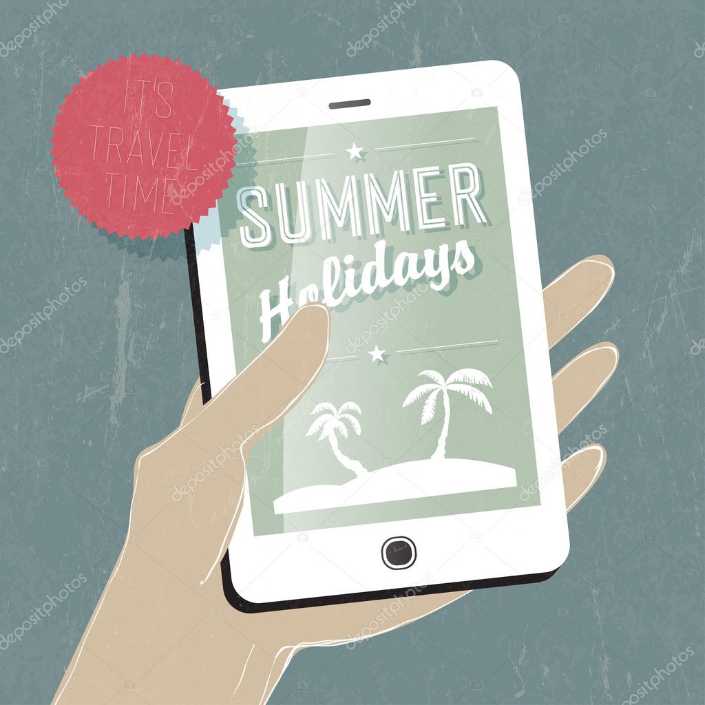 Summer travel conceptual illustration. Smart phone in hand. Vect