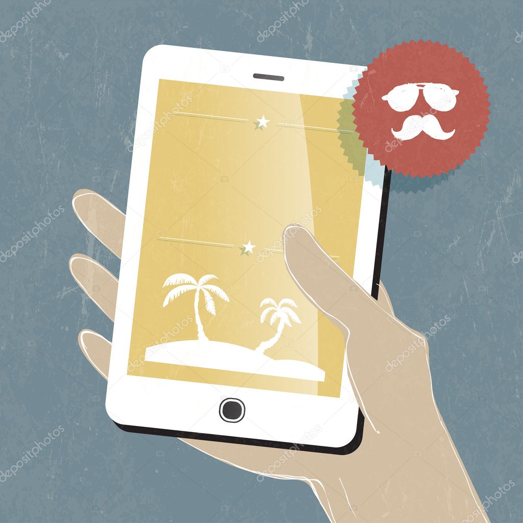 Summer travel conceptual illustration. Smart phone in hand. Vect