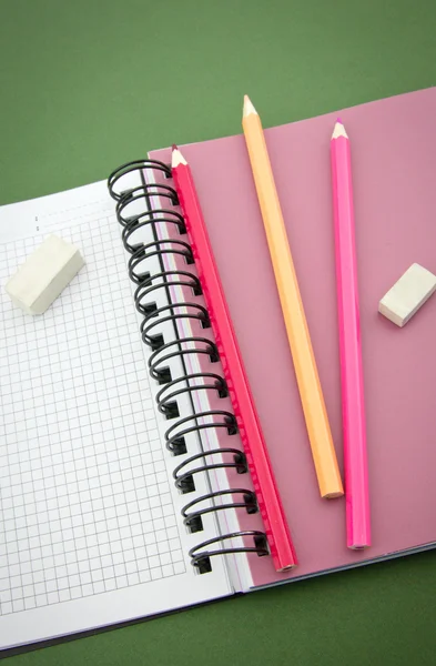 Lápis, borracha, caderno — Fotografia de Stock