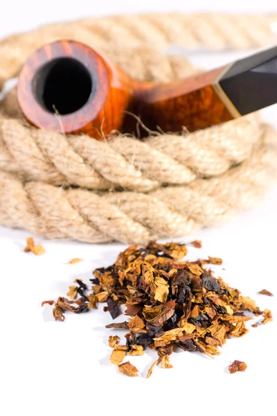Tobacco-pipe in rope,and tobacco — Stock Photo, Image