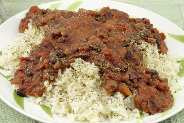 Abendessen mit Tomaten, Bohnen und Reis — Stockfoto