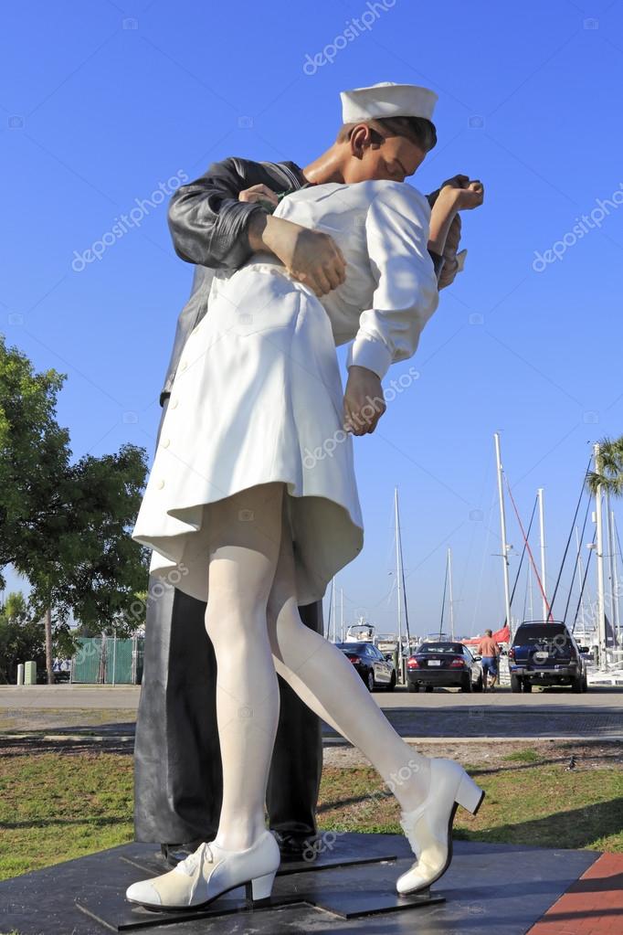 SARASOTA, FLORIDA - MAY 9, 2013: A photograph made into a large statue of a sailor kissing a nurse on his return from war. Located in downtown Sarasota near the Sarasota Bay on a sunny day.