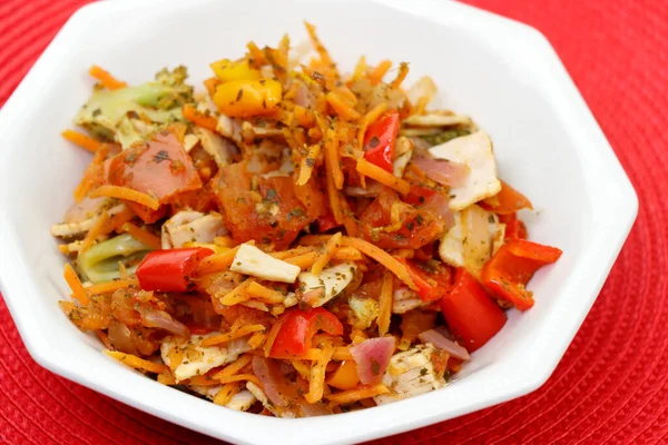 Octagon Bowl Prepared Lunch Organic Turkey Meat Variety Vegetables Close — Stock Photo, Image