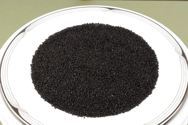 Plate Full Dried Raw Black Seed Nigella Sativa Food Decorated — Stock Photo, Image