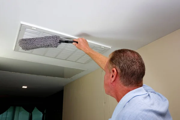 White Rectangle Hvac Air Intake Vent Being Dusted Gray Microfiber — Stockfoto