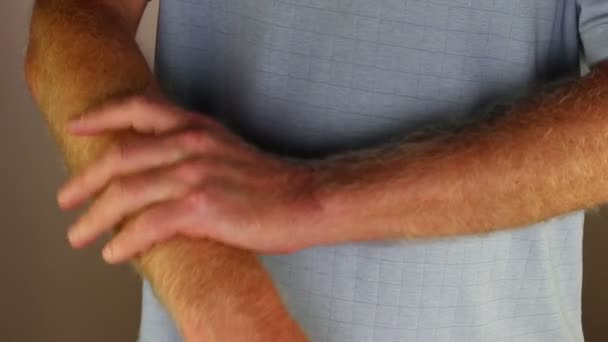 Right Forearm Man Being Self Massaged His Left Hand Close — Video Stock