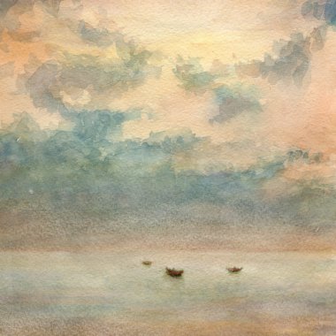 tekneleri sakin deniz ve gökyüzü bulut.