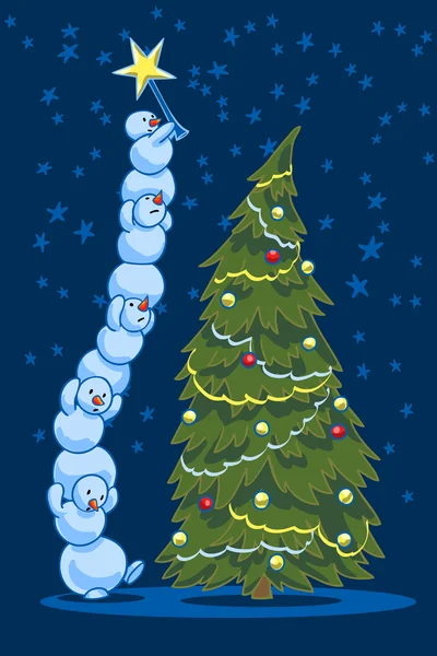 Pupazzi di neve e albero di Natale . — Foto Stock