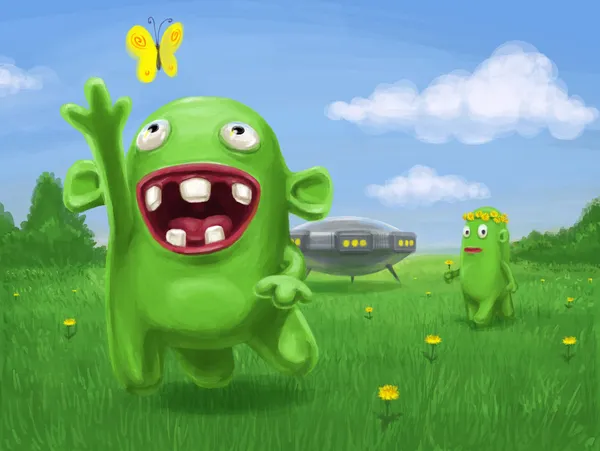 Two funny aliens on the meadow — Stock Photo, Image