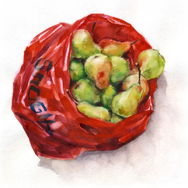 Mogna päron i en röd plastpåse. — Stockfoto