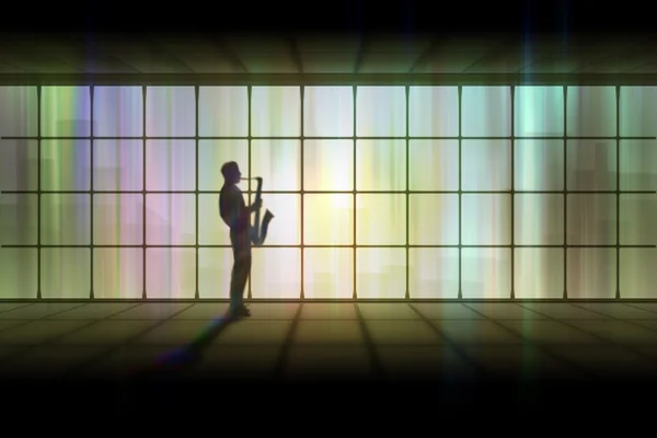 Silhouette of saxophone player.