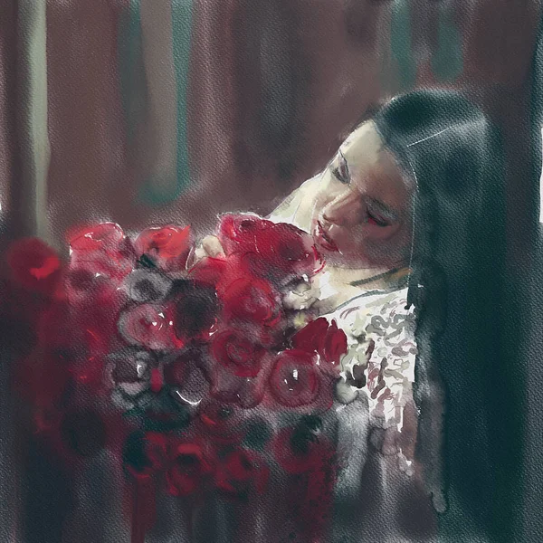 Rosas Rojas Para Ella Acuarela Naturaleza Muerta Silueta Una Mujer —  Fotos de Stock