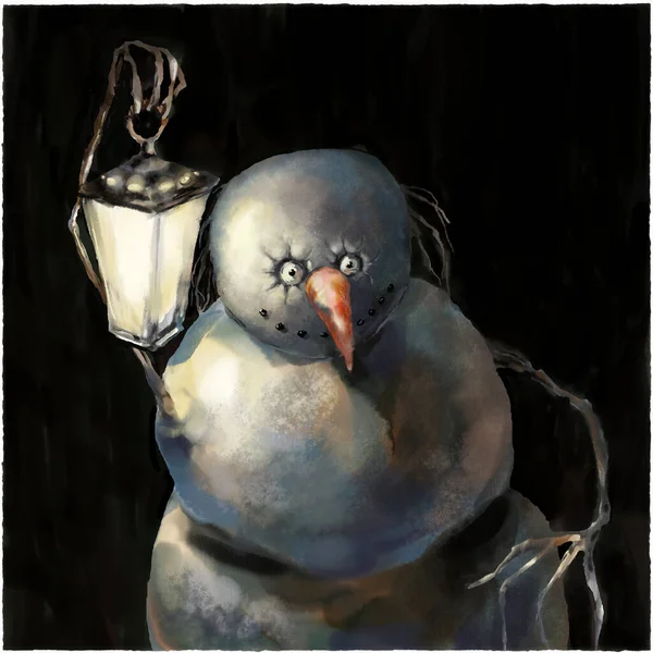 Sinister Frosty Snowman Digital Illustration Watercolor Style Snowman Lantern His — Stock Photo, Image