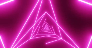 Üçgen titreşimli neon tüneller. Sonsuz bir tünel boyunca yanıp sönen parlak renk çizgileri..