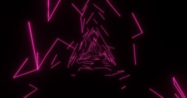 Üçgen titreşimli neon tüneller. Sonsuz bir tünel boyunca yanıp sönen parlak renk çizgileri..
