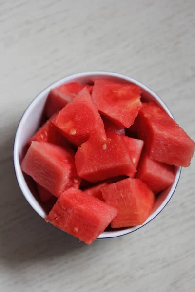 Fresh Watermelon Slices Bowl Wooden Background — Fotografia de Stock