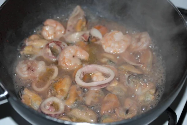Seafood Olive Oil Frying Pan Healthy Food — стоковое фото
