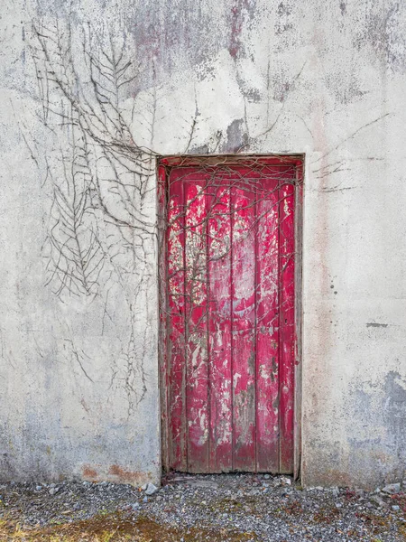 An old red door in the village of Cong, on the border of County Galway and County Mayo in Ireland.