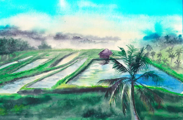 Paysage Aquarelle Paradis Tropical Palmiers Rizières Terrasses Panorama Rural — Photo