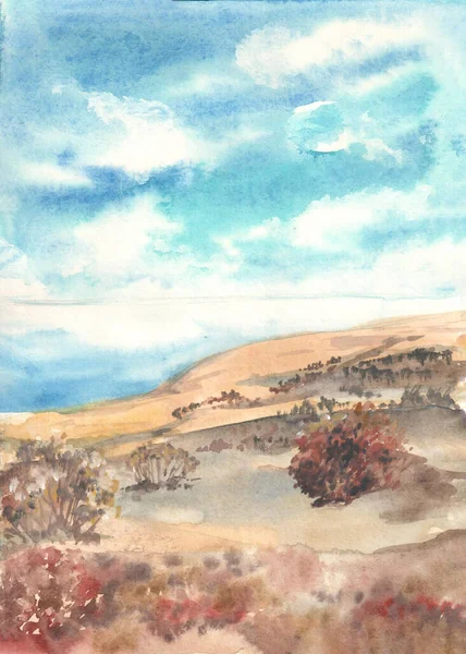 Acquerello Disegnato Mano Sfondo Paesaggio Dune Sabbiose Cespugli Coperti Vicino — Foto Stock