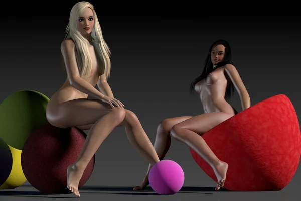 Meninas sexy sentadas na esfera e cadeira — Fotografia de Stock