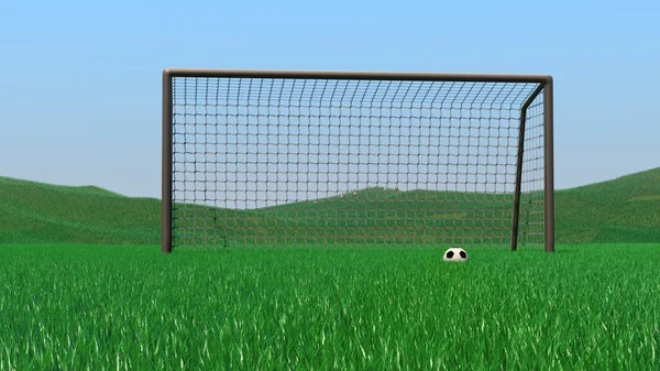 Pallone da calcio e cancelli su erba verde — Foto Stock