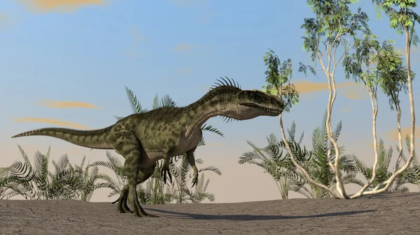 乾燥した泥の地形上のモノロフォサウルス — ストック写真