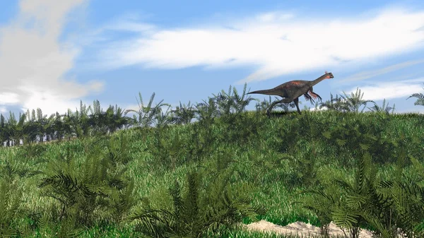 Gigantoraptor běží na trávě hill — Stock fotografie