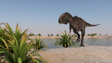Walking majungasaurus on shore clipart