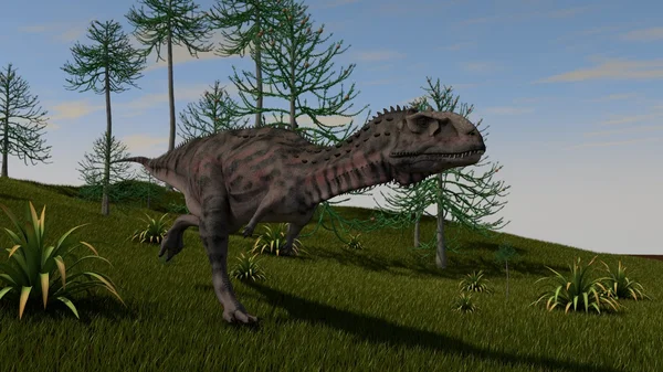 Tarbosaurus op met gras begroeide heuvel — Stockfoto