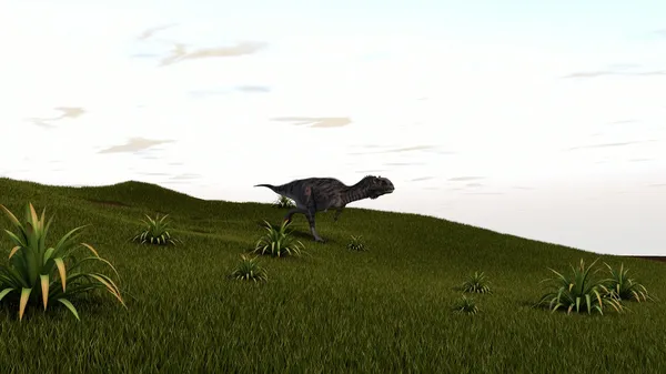 Тарбозавр на травянистом холме — стоковое фото