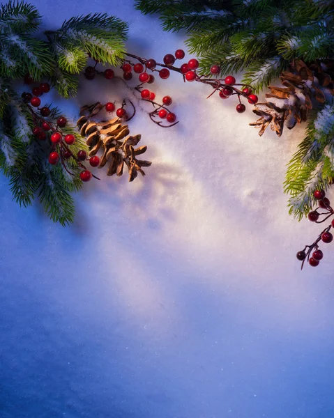 Niebieski śnieg Boże Narodzenie tło, rama gałązek jodły — Zdjęcie stockowe