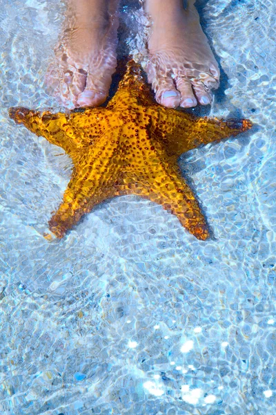 Τέχνης όμορφα γυναικεία πόδια και αστερία σε παραλία της θάλασσας — Φωτογραφία Αρχείου
