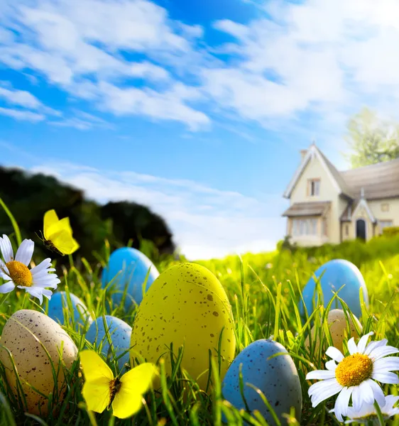 Arte uova di Pasqua sul campo primaverile — Foto Stock