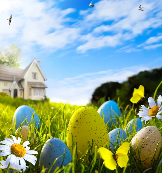 Arte huevos de Pascua en campo de primavera — Foto de Stock