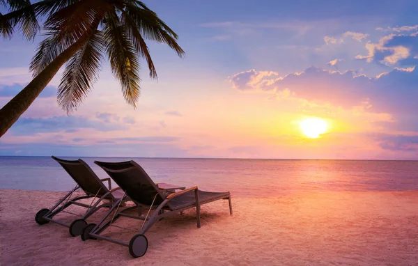 Zonsondergang Boven Tropisch Paradijselijk Strand Met Een Ligstoel Tegenover Blauwe — Stockfoto