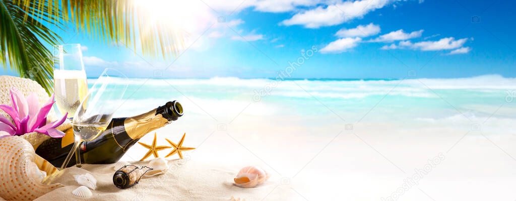 art romantic  background wedding or honeymoon tropical party;  love on sunset sandy beach