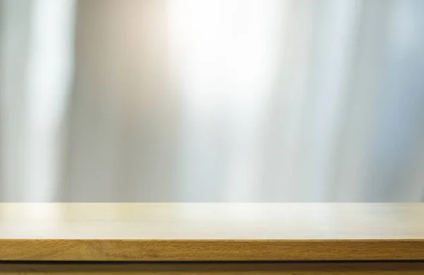 Empty Wooden Deck Table Light Blurred Wallpaper Background — Stock Fotó