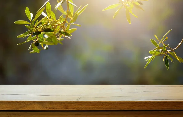 Empty Wooden Deck Table Sunny Olive Garden Blurred Background — Zdjęcie stockowe