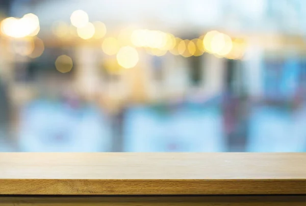 Empty Wooden Table Blurred Background Decoration Light Summer Street Cafe — Stok fotoğraf