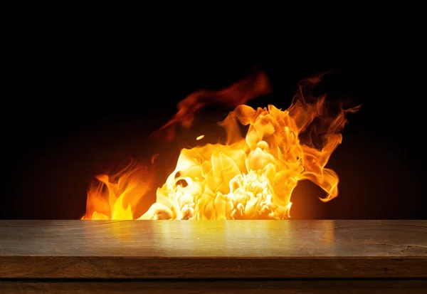 Side View Empty Wooden Tabletop Orange Fire Flames Sparkles Dark — Stockfoto