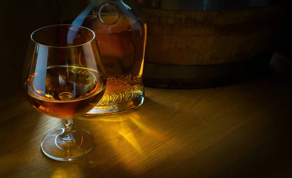 Glass Luxury Alcoholic Drink Oak Barrel Bottle Cognac Dark Background — Stock Photo, Image