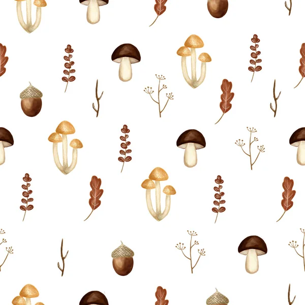 Watercolor forest elements. Cute woodland mushrooms, leaves and brunches on white background. Use for textile, nursery, wallpapers, wrappers.