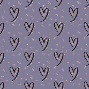 Violet 'in arka planında Sevgililer Günü için elle çizilmiş kusursuz desen. Duvar kağıdı, şablon dolguları, web sayfası arkaplanı, yüzey dokuları için kullanılabilir.