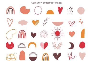 Soyut Boho tarzı şekiller ve kalpler. Web tasarımı, afiş, poster, kapak ve sosyal medya paylaşımı için unsurlar. Çağdaş minimalist izole elementlerin toplanması.