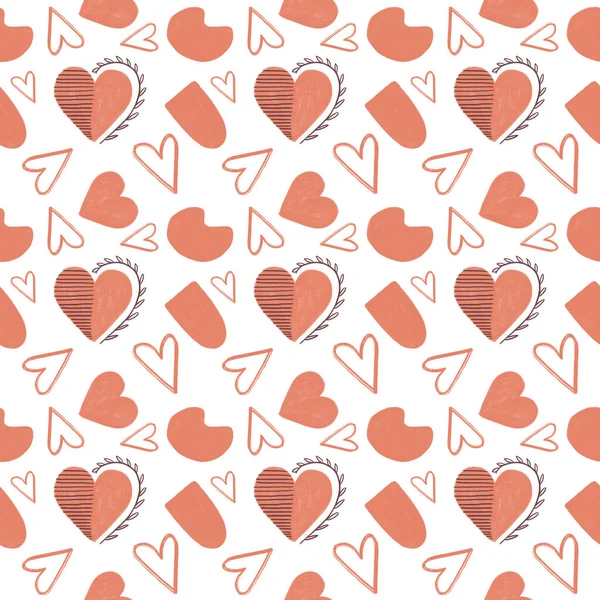 Boho Style Seamless Pattern Valentine Day Abstract Shapes Compositions Hearts — Stock Photo, Image