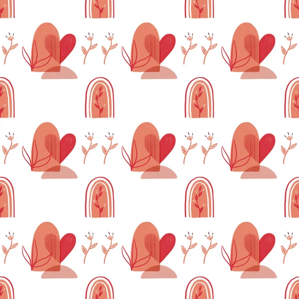 Boho Style Seamless Pattern Valentine Day Abstract Shapes Compositions Hearts — Stock Photo, Image