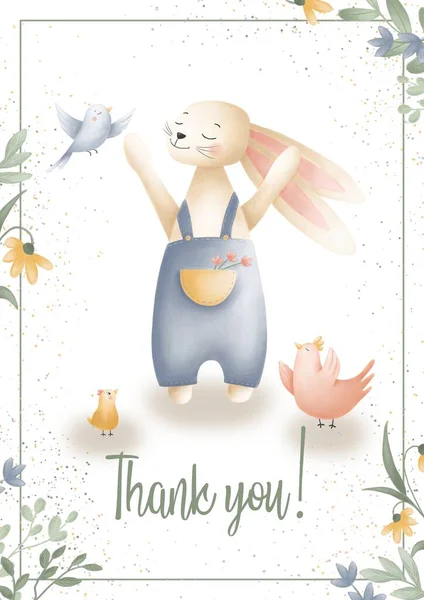 Ευχετήρια Κάρτα Πασχαλινό Λαγουδάκι Κοτόπουλο Πουλί Λουλούδια Λευκό Φόντο Χρήση — Διανυσματικό Αρχείο
