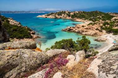 Caprera adasındaki Cala Napoletana 'nın panoramik manzarası, La Maddalena takımadaları ulusal parkı, Olbia-Tempio, Sardinya